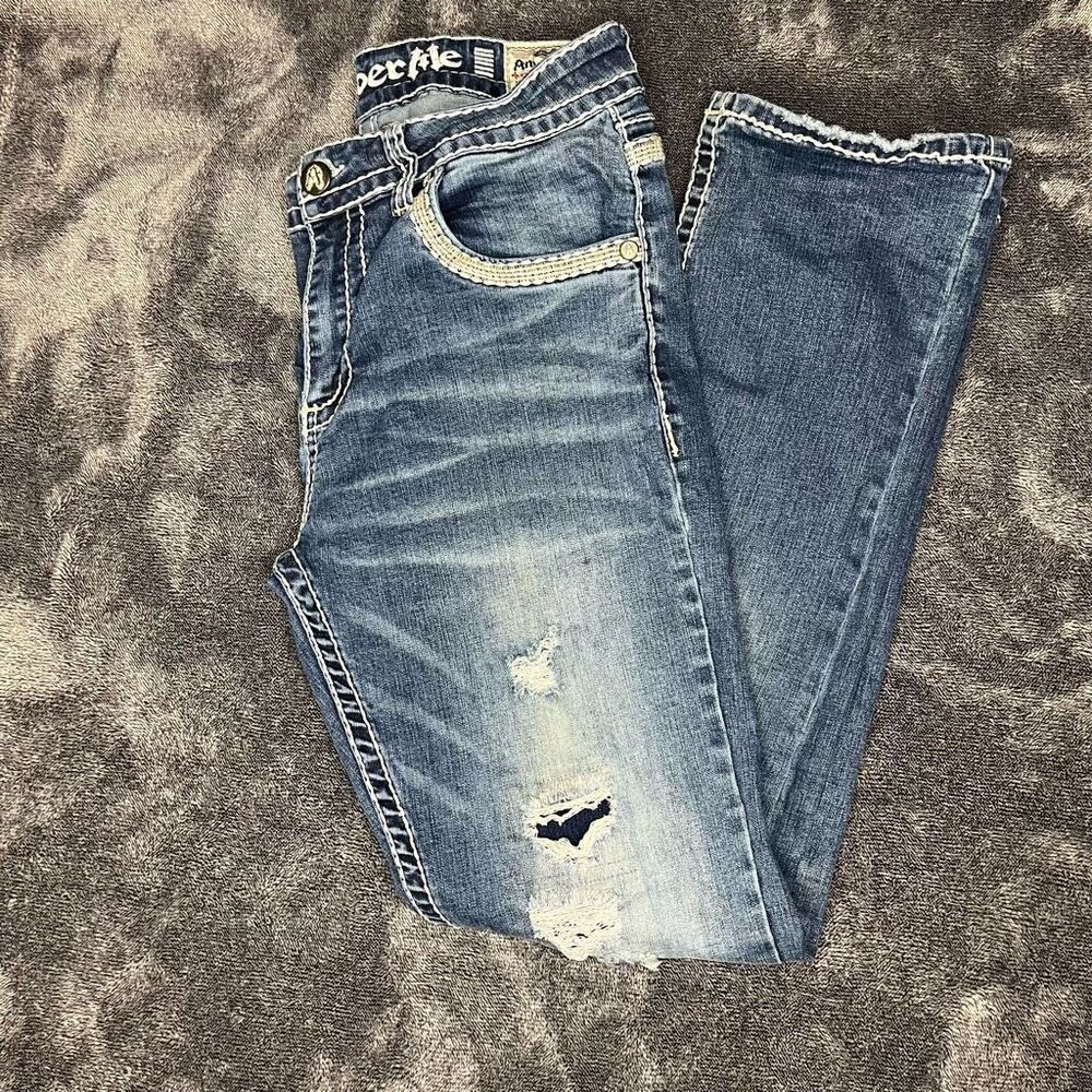 Answer Me Men’s Distressed Jeans W34 L32 Straight Fit Stretch Denim Light Wash